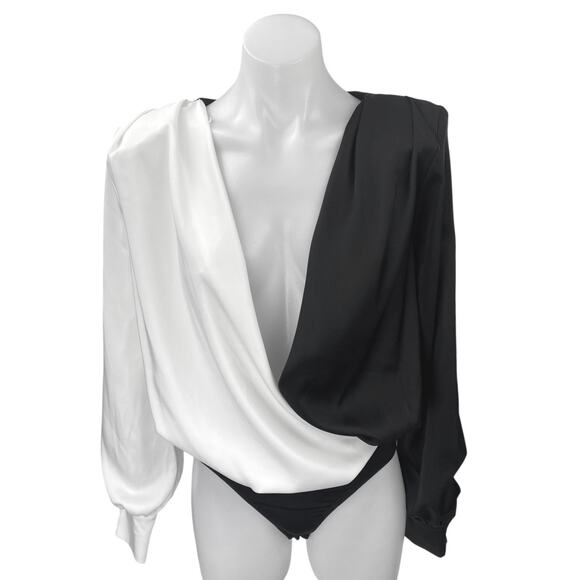 Peace + Love Black White Silk Satin Long Sleeve Plunge Colorblock Bodysuit Top 2 - Picture 1 of 5